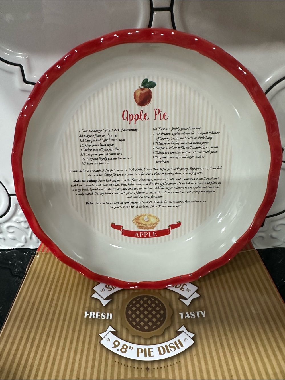 Ceramic Apple Pie Dish with Red Rim
